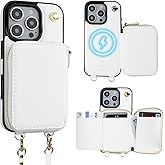 Bocasal for MagSafe Crossbody Wallet Case Compatible with iPhone 16 Pro, RFID Blocking Protective Purse Case with Card Slots Holder Kickstand Wrist Strap Lanyard Zipper 6.3 Inch 5G (White)