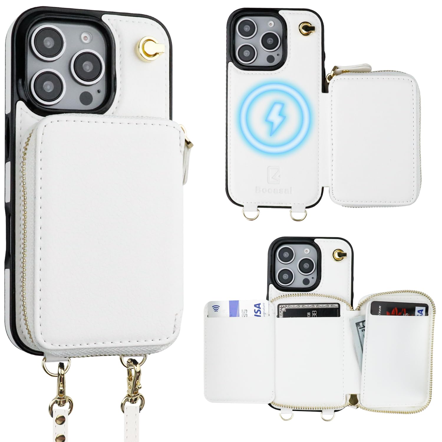 Photo 1 of Bocasal for MagSafe Crossbody Wallet Case Compatible with iPhone 16 Pro, RFID Blocking Protective Purse Case with Card Slots Holder Kickstand Wrist Strap Lanyard Zipper 6.3 Inch 5G (White)
