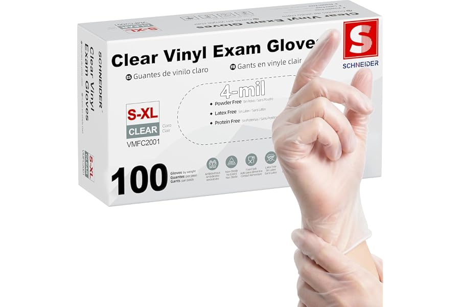 Schneider Medical Vinyl Exam Disposable Gloves Latex Free | Powder free, clear,Food Safe, Cleaning, Exam,Cooking,Food Prep, Comfortable Fit, Ambidextrous, Unisex