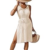 BreathSunny Womens Crochet Knit Waist Bow Tie Beach Midi Dress Summer 2025 Scoop Neck Side Slit Bathing Suit Cover Up