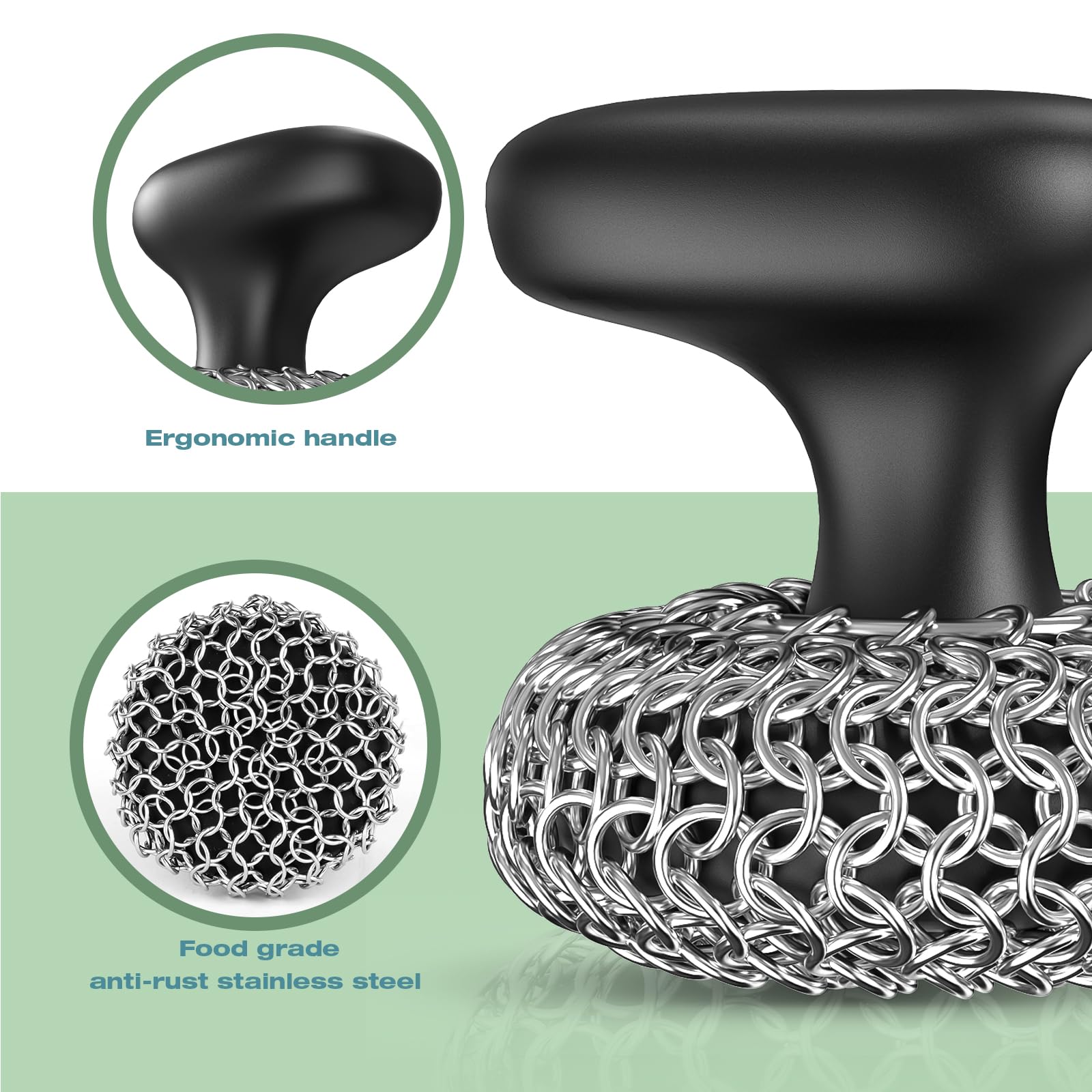 Purgreat Cast Iron Scrubber | Dish Scrub Brush | 316 Cleaner Chainmail Scrubber for Cast Iron Pan Skillet Cleaner - Dish Scouring Pad Dishwasher Safe Cleaning Kit, Black 02