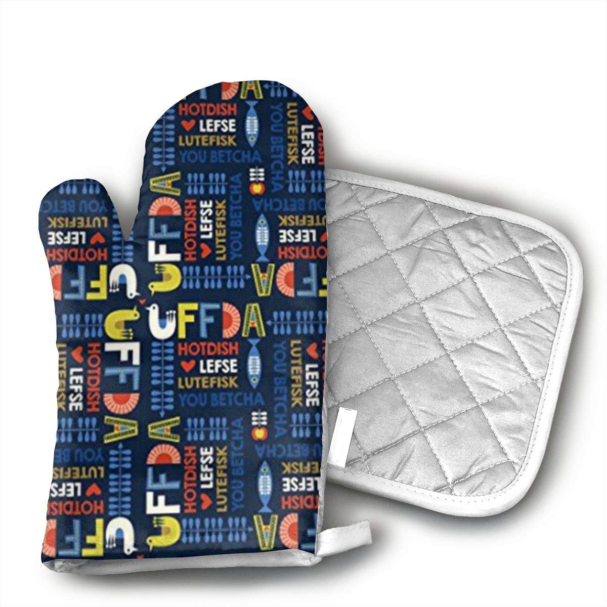 UYRHFS Scandinavian Uffda Navy Oven Mitts and Pot Holder Kitchen Set with, Heat Resistant, Oven Gloves and Pot Holders 2pcs Set for BBQ Cooking Baking
