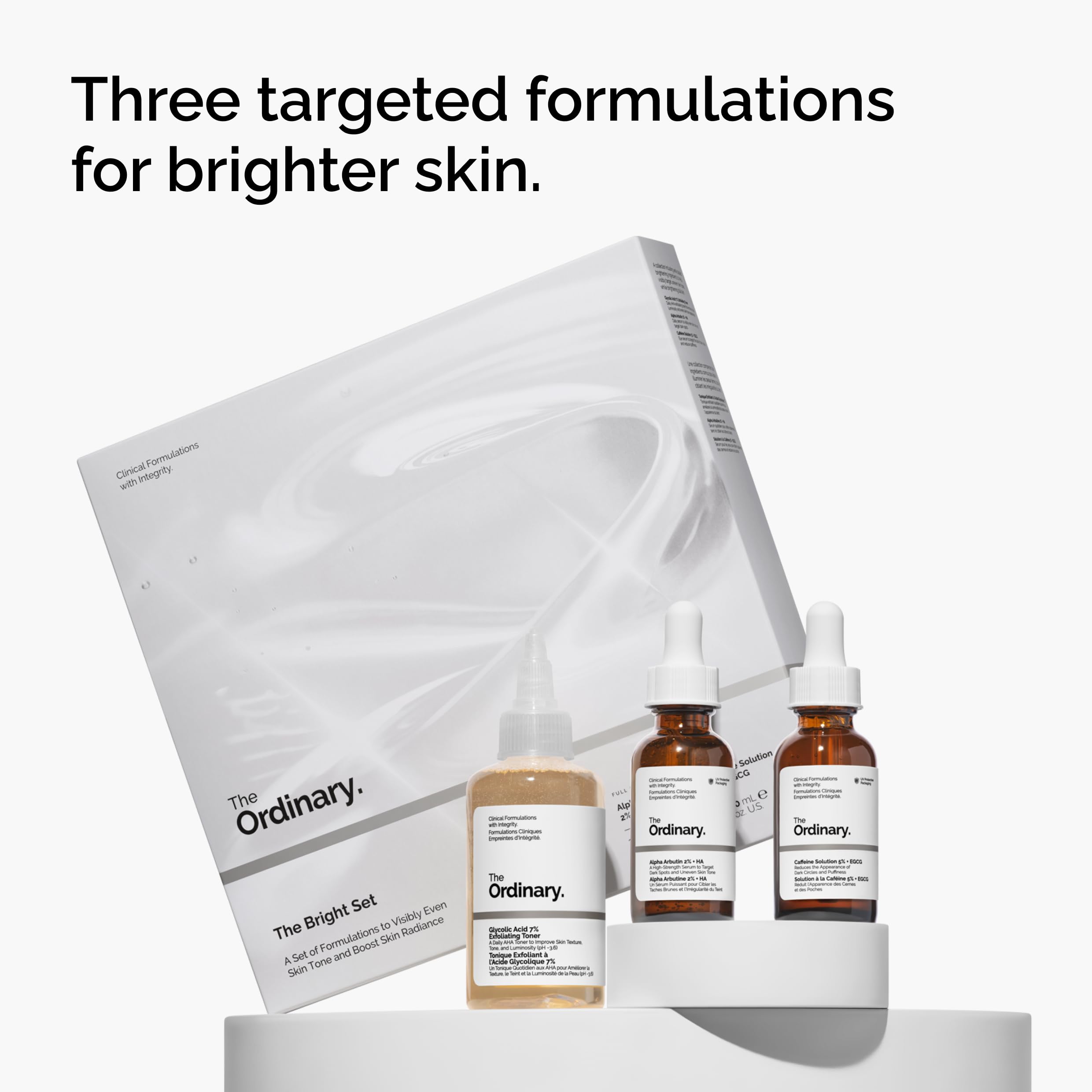 The Ordinary The Bright Set, 3-Step Regimen for Radiant, Even Skin Tone with Glycolic Acid 7% Exfoliating Toner, Alpha Arbutin 2% + HA, and Caffeine Solution 5% + EGCG | Skin Care Set