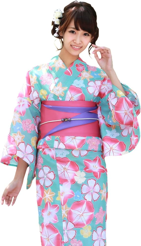 Amazon 浴衣 女 セット 青緑地に赤朝顔と撫子 平帯タイプ なでしこ ときめき恋浴衣3点セット 浴衣 通販