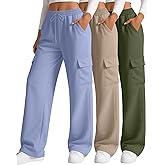 Neer 3 Pack Women's Cargo Sweatpants Wide Leg Baggy Loose Elastic Drawstring Pants Casual Athletic Joggers with 4 Pockets
