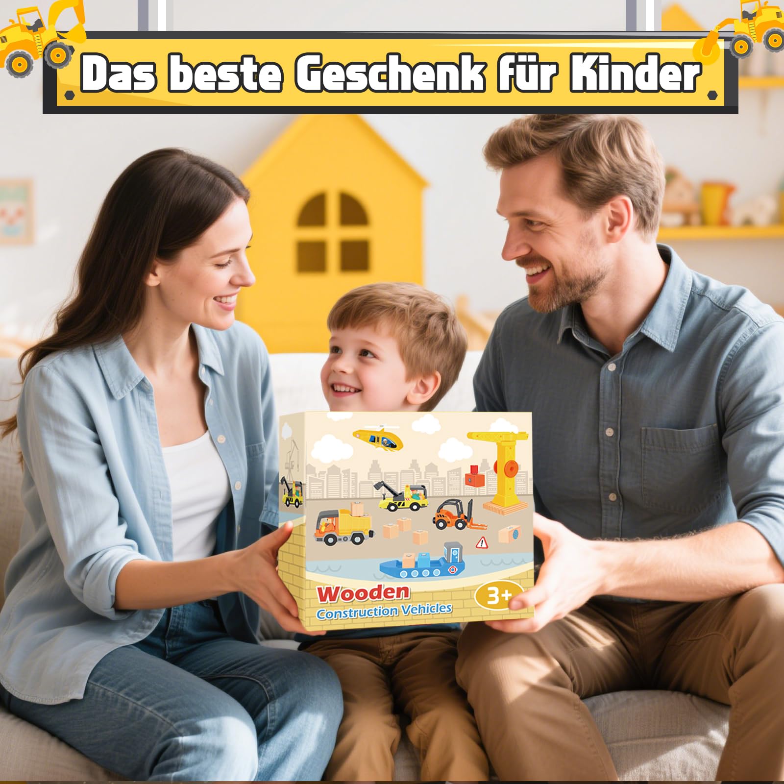 BuntWunder Baustellenfahrzeuge Kinder Kran Spielzeug, Baustelle Spielzeug ab 3 Jahre, Baufahrzeuge Kinder Holzspielzeug mit Turmkran Anhänger Gabelstapler Schiff, Geschenk Junge 3 4 5 Jahre 8