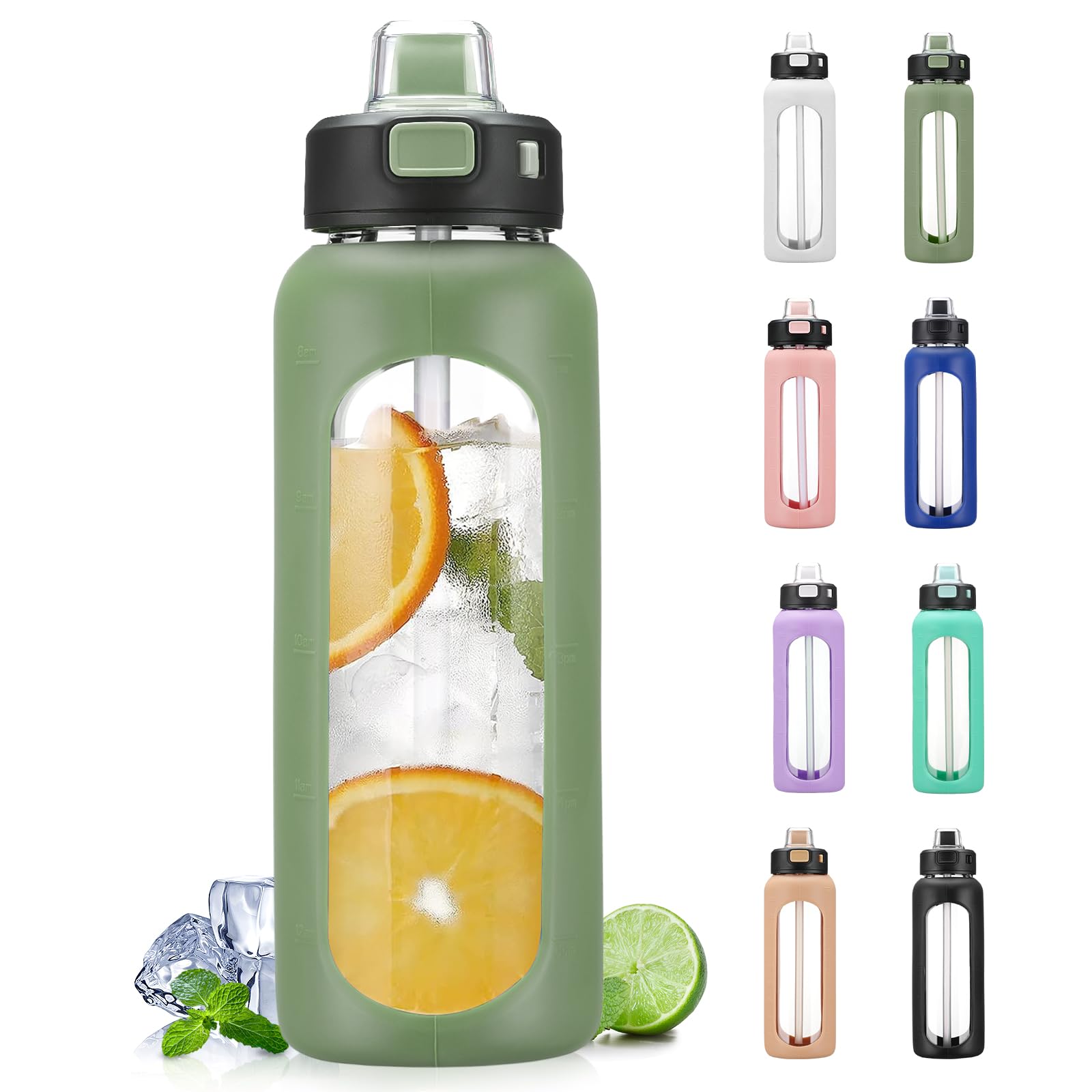 BLUEGO 700ml Glass Water Bottle with Handle and Straw Drinking Hydration Bottle with Silicone Sleeve and Time Marking Motivational Water Bottle for Gym Sports Outdoor Leak-proof,Oliver
