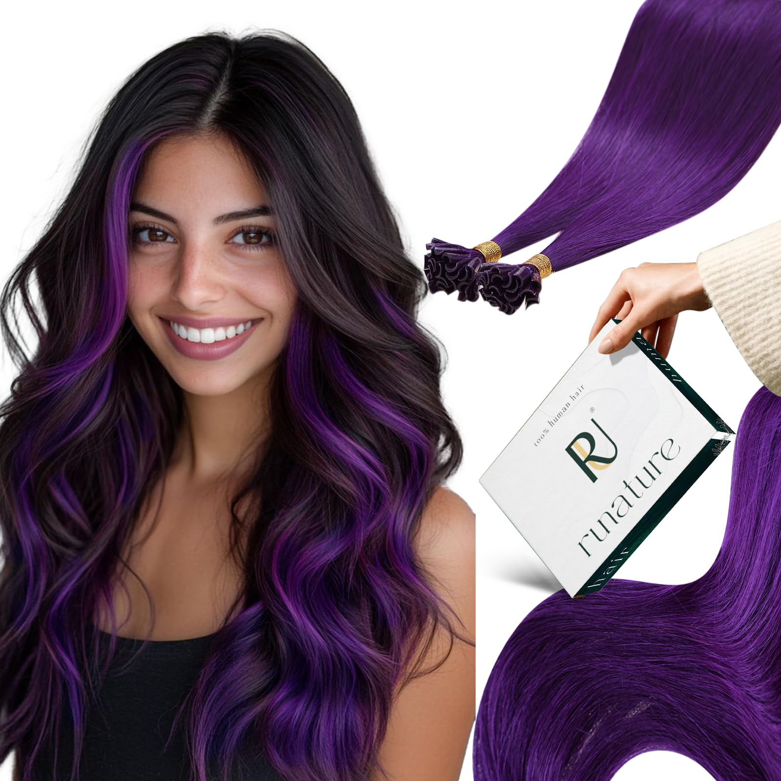 RUNATURE Keratin U Tip Hair Extension Real Human Hair 22 Inch Purple Hair Extension Real Hair Fusion Extension 25g Prebonded Hair Extensions