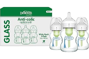 Dr. Brown's Natural Flow Anti-Colic Options+ Wide-Neck Glass Baby Bottles 5 oz/150 mL, with Level 1 Slow Flow Nipple, 3 Pack, 0m+