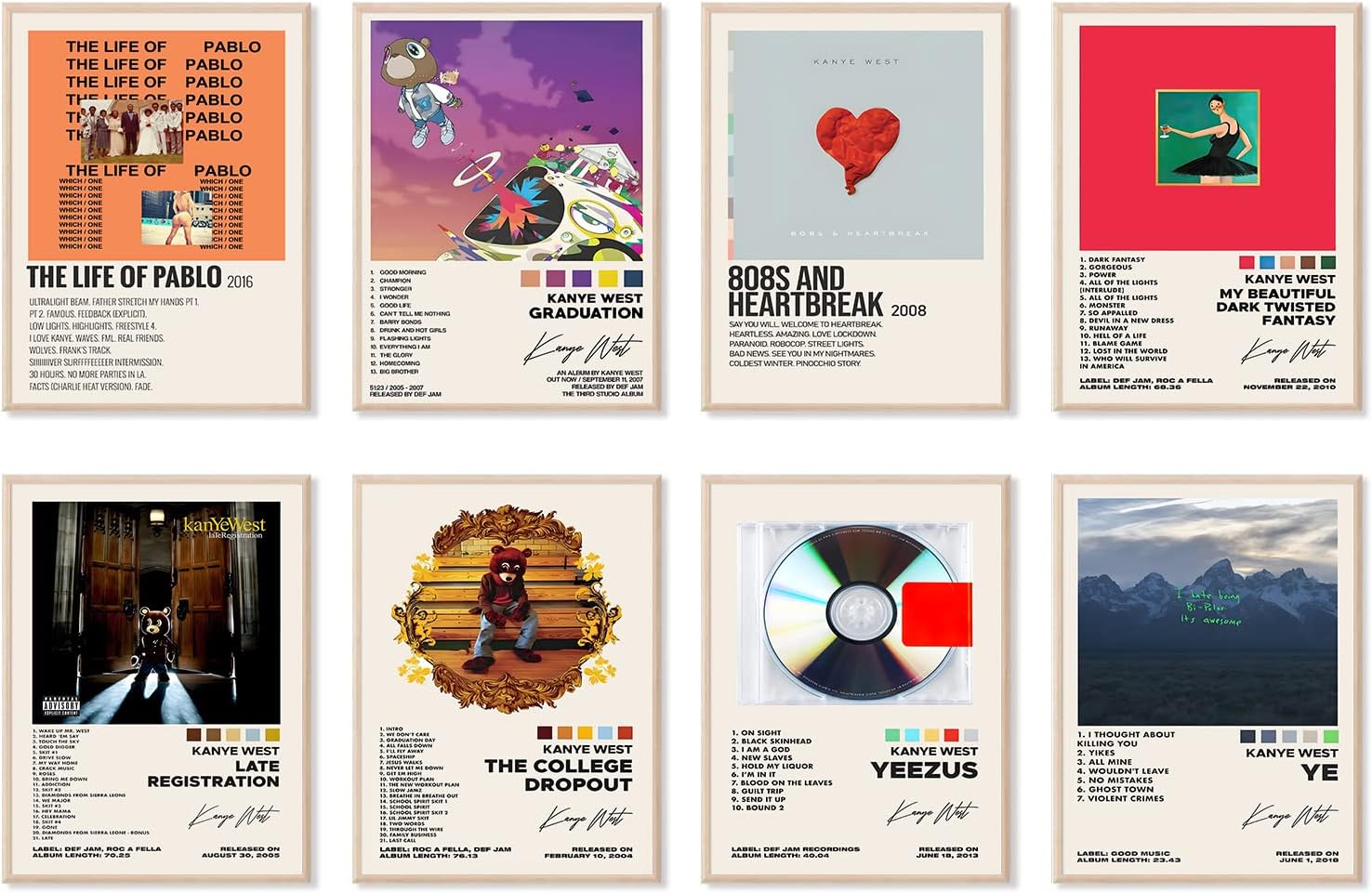 Wall Décor - ASTRDECOR Kanye Album Cover Limited Edition Posters Set of 8, Rapper Music Posters Kanye Album Cover Posters for Room Aesthetic Canvas Wall Art Prints for Teens, Girls Room Decor (8x10inch, unframed)