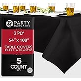 PARTY BARGAINS Disposable Table Covers, 54 x 108 Inch, Black, 3-Ply Paper & Plastic Spill-Resistant Party Tablecloths, 5 Pack