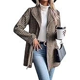 chouyatou Women's Vintage Plaid Blazer Wool Coat Elegant Shawl Collar Wool Blend Trench Pea Coat
