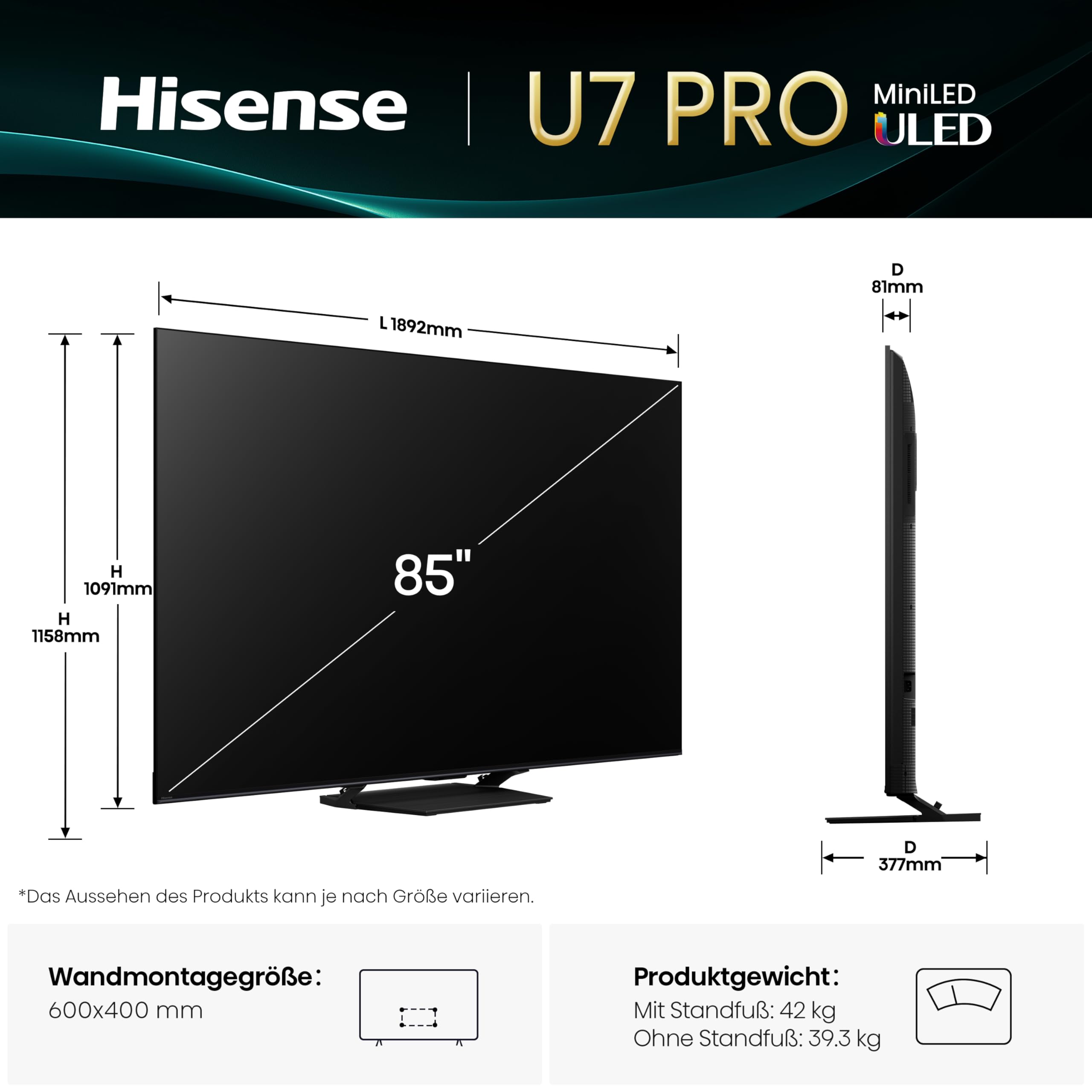 Hisense 85U7Q Pro Fernseher 85 Zoll, 4K Mini LED, Smart TV, Hi-View AI Engine Pro, 165Hz Game Mode Ultra, FreeSync Premium Pro, 2.1.2 ch. Surround Sound, Dolby Vision IQ Atmos, Sprachsteuerung [2025] 2