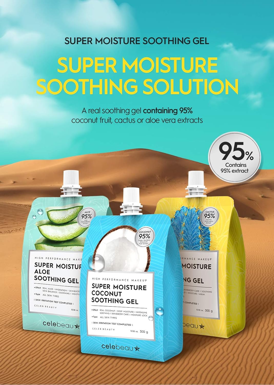 CELEBEAU - Super Moisture Aloe Soothing Gel - 95% Aloe Extract - Maximum Soothing & Hydration for All Sensitive Skin Types - Excellent After Sun Care Relief - 300g : Beauty