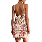 RoseSeek Women's Boho Tropical Tie Backless Halter Dresses Sleeveless Vacation Beach Short Dress