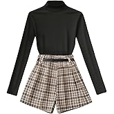 WDIRARA Women's 2 Piece Outfits Mock Neck Long Sleeve Top and Plaid Skirts
