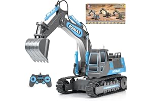 DOUBLE E Remote Control Excavator Toy RC Excavators Rechargeable Battery Digger Hydraulic Construction Toys Vehicles Xmas Gift for Boys Girls Kids 3-14 Years，Gray-Blue