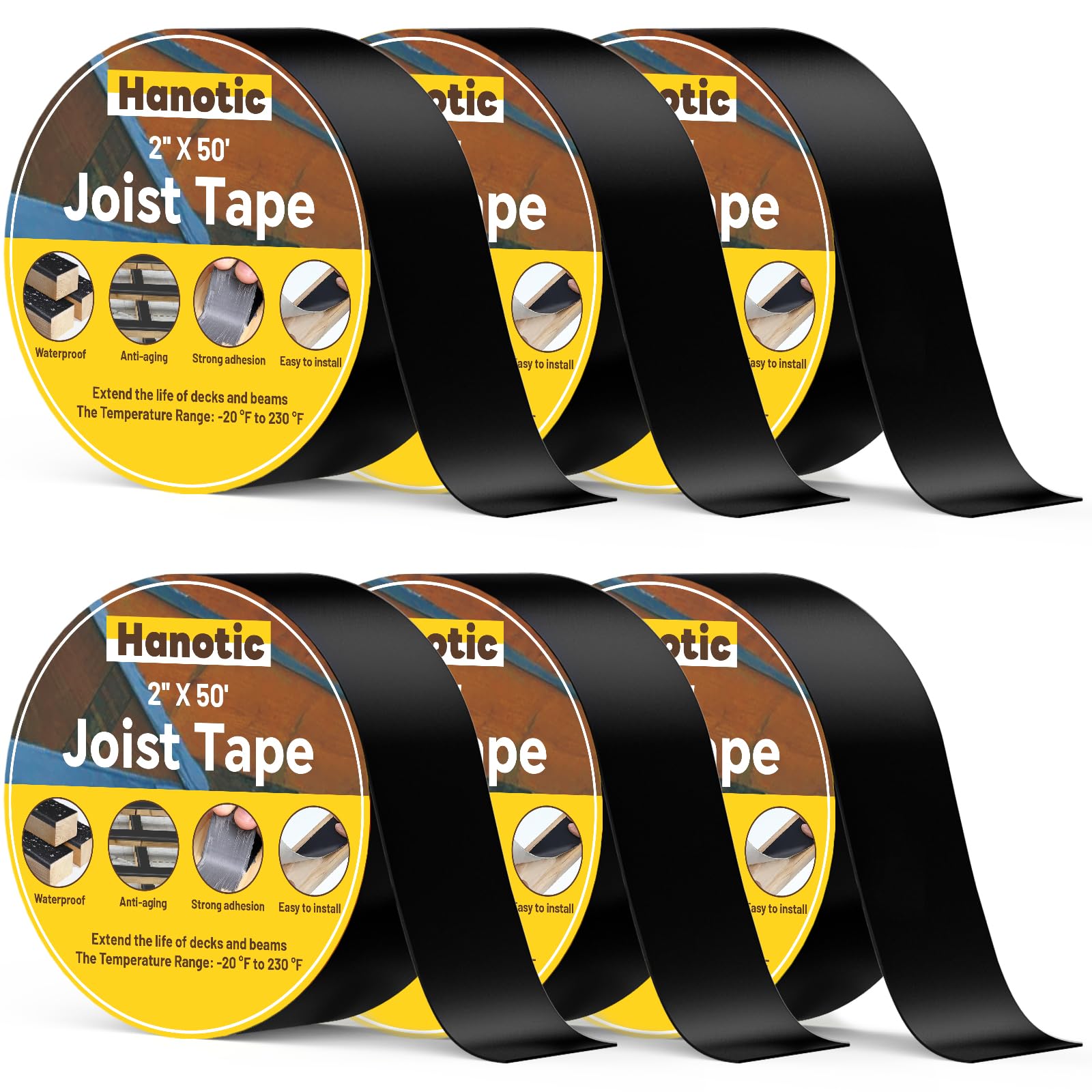 Photo 1 of Hanotic Joist Tape for Decking 2'' X 50', 6 Rolls Weather Resistance Butyl Tape, Waterproof and Anti-Corrosion, Self-Adhesive for Wood Joists Decks Beams Roof Extend Deck Life