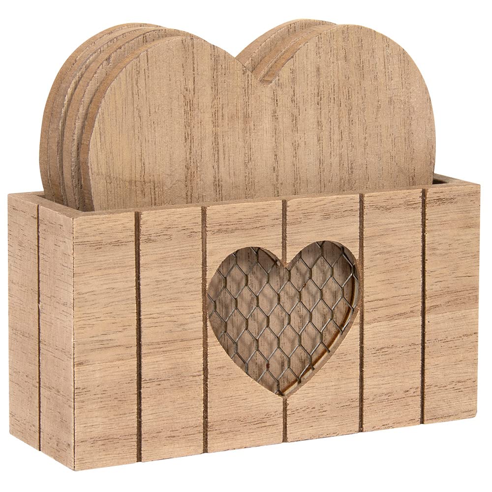 Set of Four Natural Wood Finish Heart Shaped Coasters in Matching Holder With Chicken Wire Mesh Heart Detail