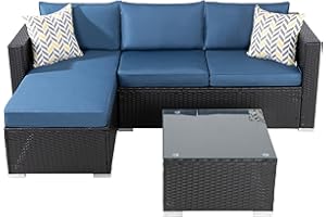 Shintenchi Outdoor Patio Furniture Sets, All-Weather Rattan Outdoor Sectional Sofa with Tea Table and Cushions Upgrade Wicker Patio sectional Sets 3-Piece (Aegean Blue)