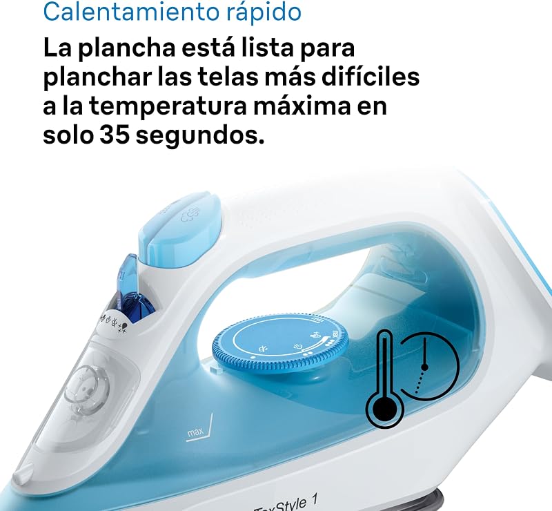 Ferro a vapor TexStyle 1 SI1029BL com sola antiaderente, Steam Shot 120g/min, Sistema Descalcificador, Pulverizador, Aquecimento Rápido (35s), Modo Eco, 220ml, 1900W, Azul Claro