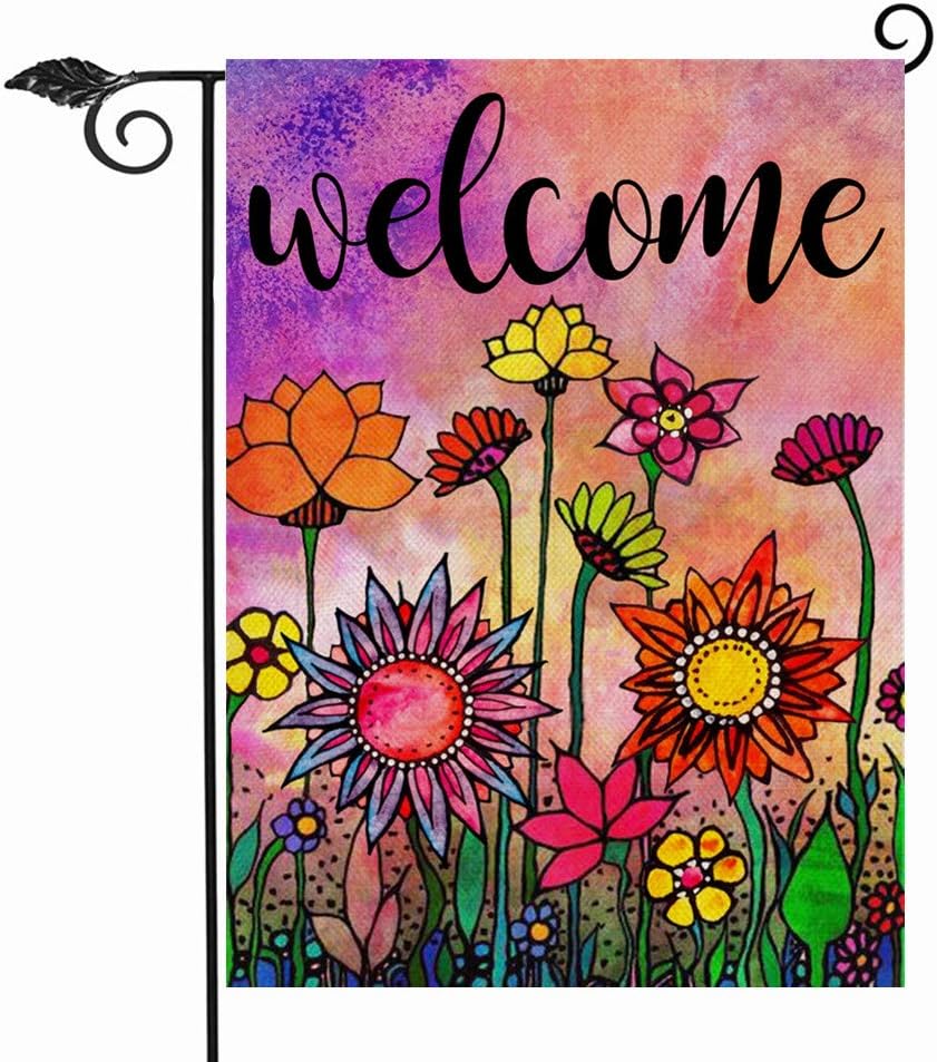 Hzppyz Welcome Spring Summer Watercolor Garden Flag Double Sided, Flowers Decorative House Yard Lawn Outdoor Small Burlap Flag Vintage Sunflower Decor Farmhouse Seasonal Outside Decorations 12 x 18