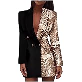 HGps8w Double Breasted Sequins Blazer Dress for Women Sexy Colorblock Long Blazers Jackets Formal Evening Party Club Outfit