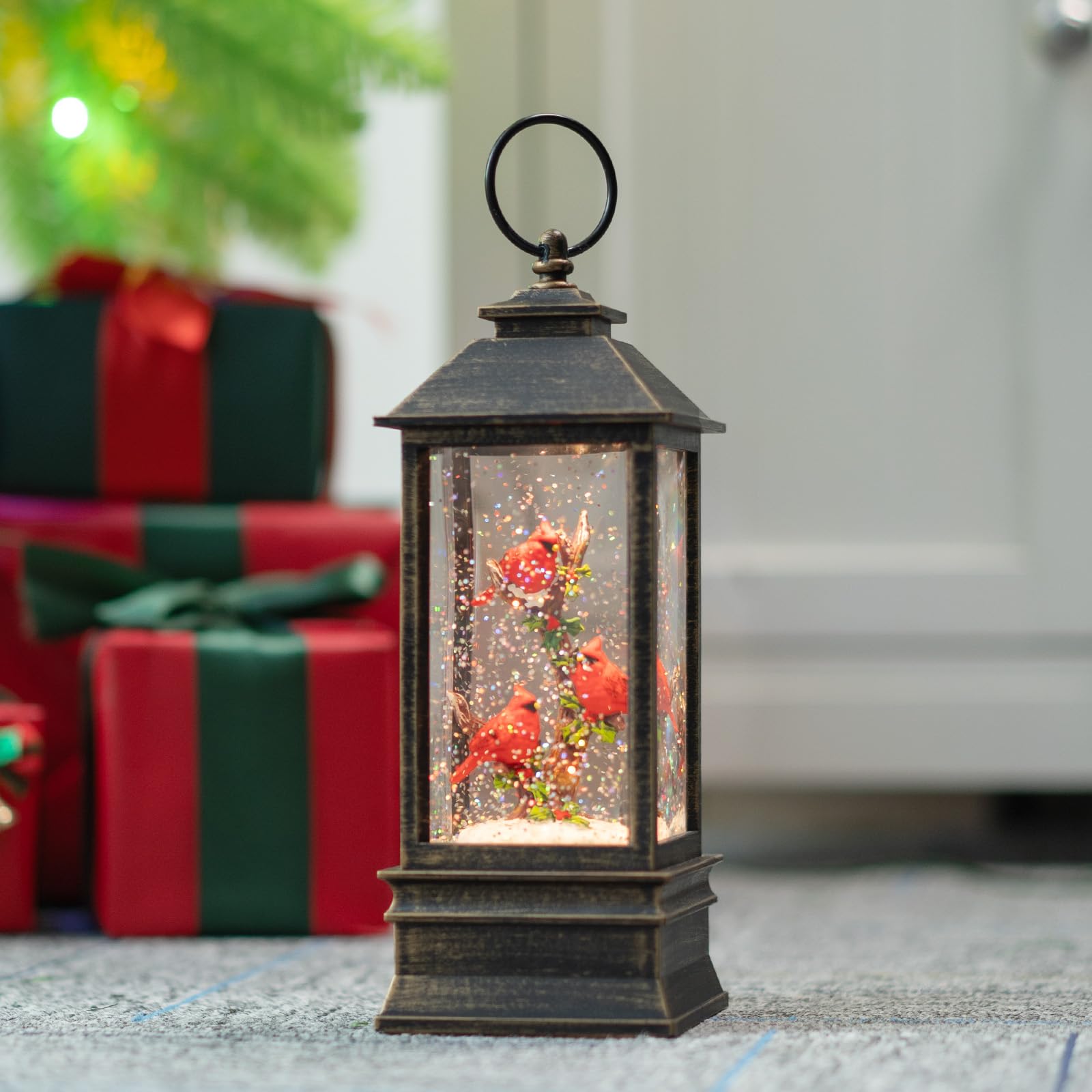 Photo 1 of 10" Christmas Snow Globe Lantern with Cardinal?Lighted Swirling Glittering Snow Globes with Music & Timer, Christmas Decorations for Home Tabletop Indoor