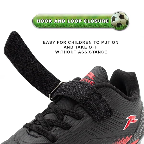 RUNIC KIDS SOCCER CLEATS FOR BOYS AND GIRLS – SMALL AND BIG KID ATHLETIC OUTDOOR FOOTBALL SHOES – FIRM GROUND – HOOK AND LOOP CLOSURE – BLACK/RED – 1
