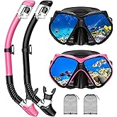 Snorkeling Gear for Adults, Snorkel Set Scuba Diving mask Dry-Top, Adult Swimming Goggles w/Nose Cover, HD Tempered Glass Panoramic Anti-Leak Anti-Fog, Travel Snorkeling Packages