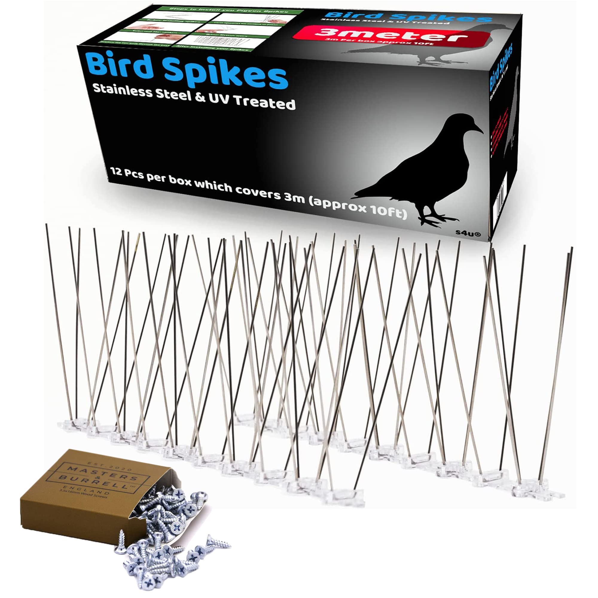 S4U Stainless Steel Bird Spikes, with Plastic Base Pigeon Spikes for Roofs and Windows Bird Deterrent Spikes Set for Anti Crows, Seagulls and Small Birds 12pcs Covers 3m