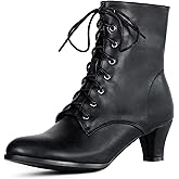Cozivwaiy Women Vintage Victorian Boots 70s Lace up Ankle Boots Mid Heel Witch Granny Booties Costume Shoes Cone Heel Zipper Almond Toe