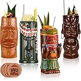 SUN GKOTTA Cocktail Tiki Mugs Set Of 4 - Exotic Mug With 4 Coasters And 4 Straws,Cute Ceramic Hawaiian Style Cocktail Glasses For Party And Tropical Tiki Bar,Mai Tai Drinkware