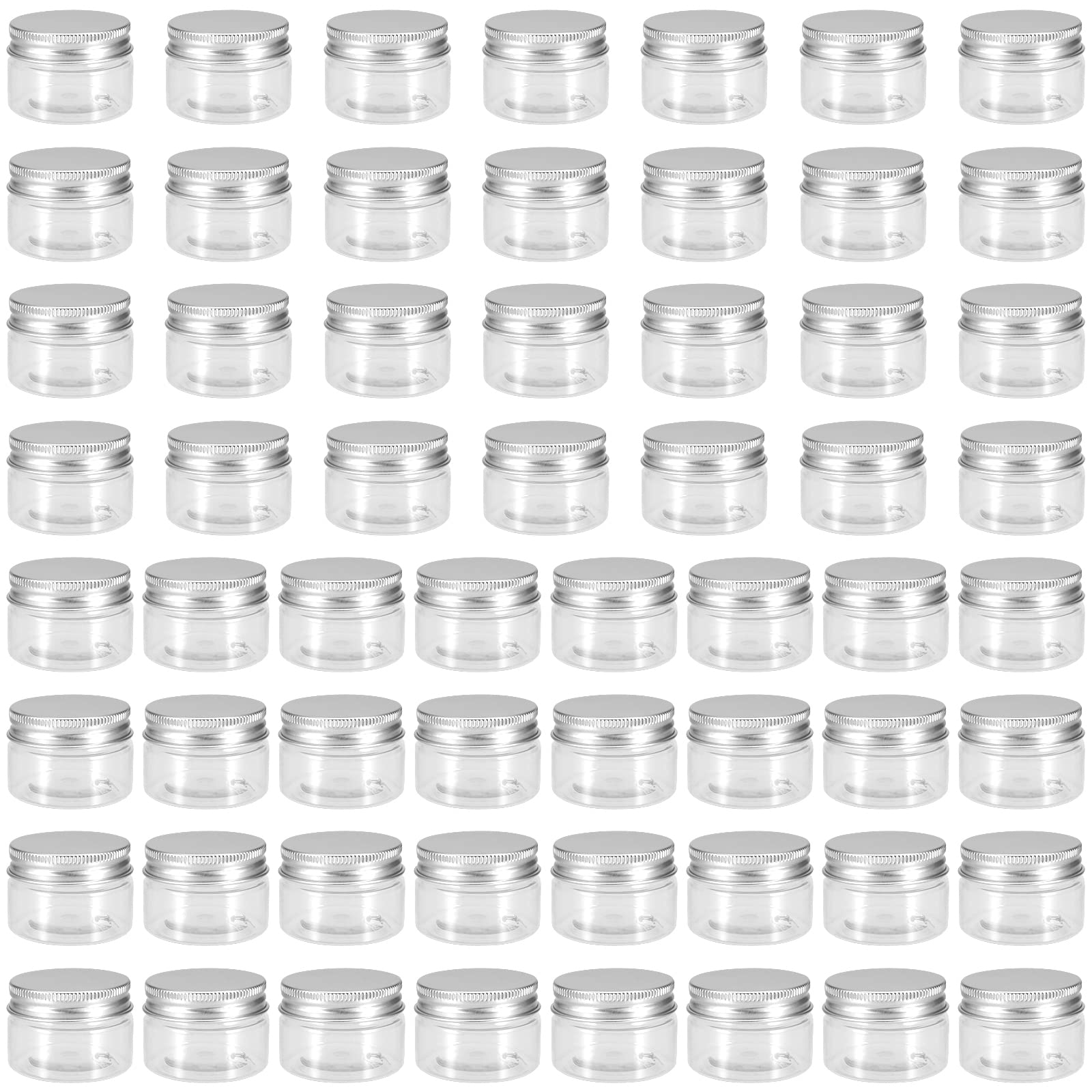 FUNSUEI 60 PCS 30ml Plastic Cream Containers with Screw Aluminum Lids, 1oz Wide Mouth Plastic Jars, Small Storage Jars for Make Up, Cream, Glitter, Spice