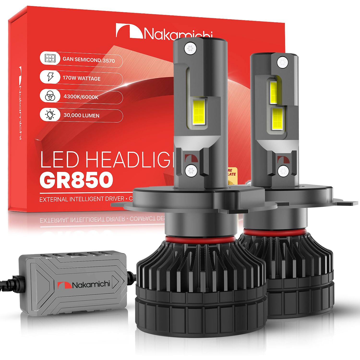 Nakamichi GR850 Series H4 LED Light Bulbs for Replacement, 30,000 Lumens 170W Per Set, Super Bright Daylight White, Plug and Play, High & Low Beam, Pack of 2 6000K, H4 (HB2 9003)