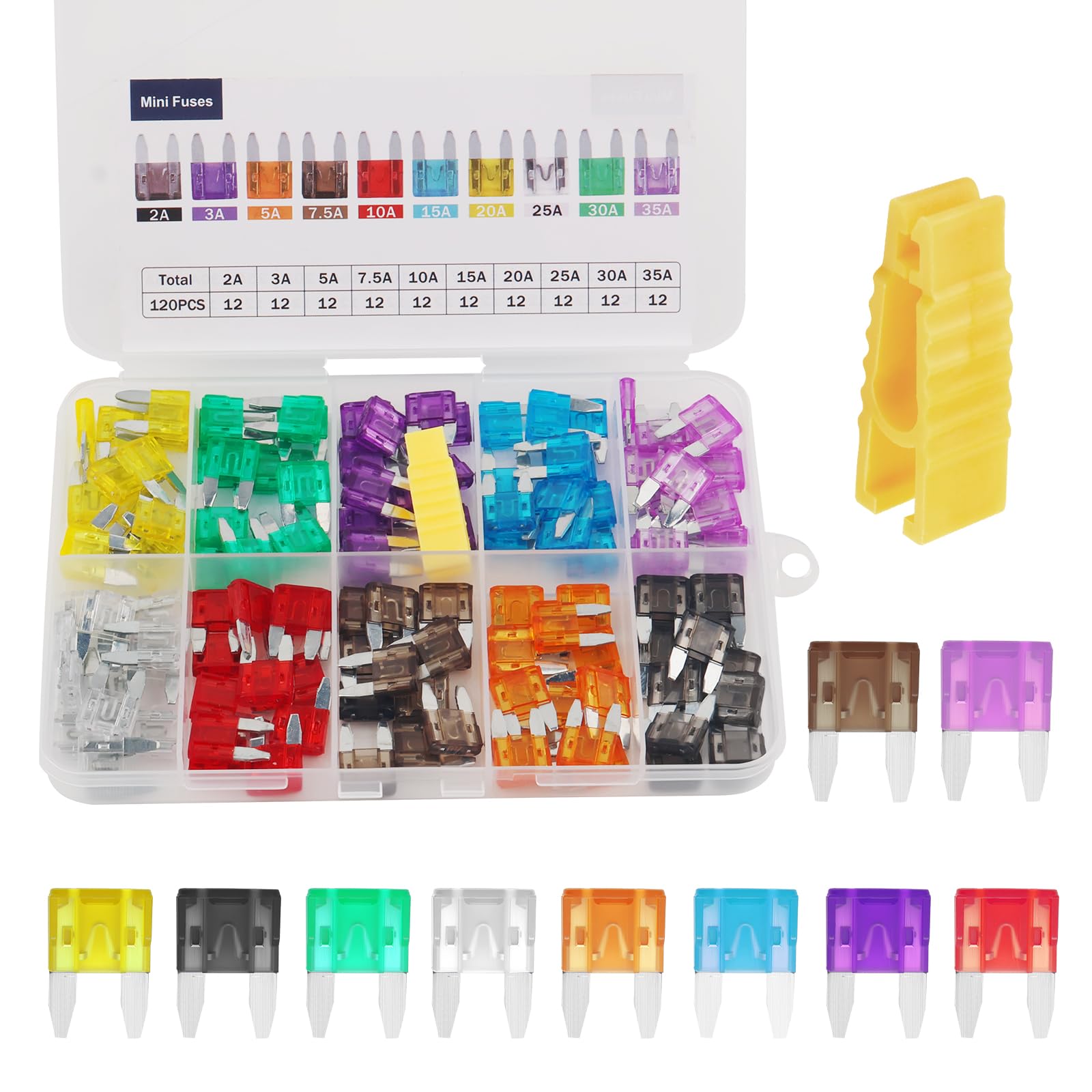 Photo 1 of 120PCS Car Mini Fuse Kit with Fuse Puller Tool,Blade Car Fuses Assortment Kit Includes 35A 30A 25A 20A 15A 10A 7.5A 5A 3A 2A Specifications,Colorful Cars Mini Fuses Assortment Kits