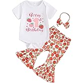 Frietlebird First Birthday Outfit Baby Girl Letter Strawberry Romper Bell Bottoms Pants 1st Birthday Girl Outfit