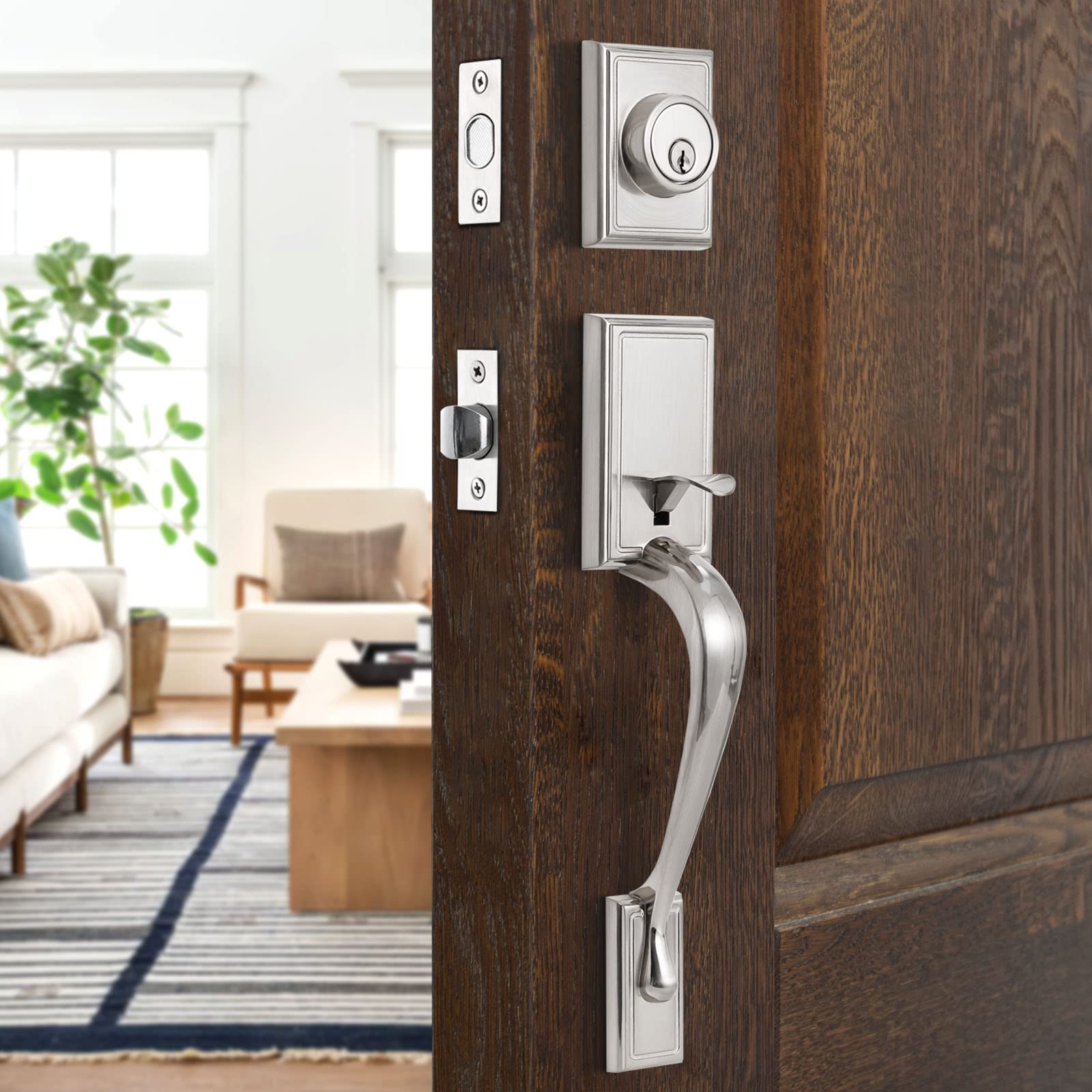 GUA OYH Front Door Lock Set Satin Nickel Exterior Door Handle Sets Front Door Handle with Single Cylinder Deadbolt Entry Door Handle Set for Front Door or Office Door (L36158-S-S115) — image 1