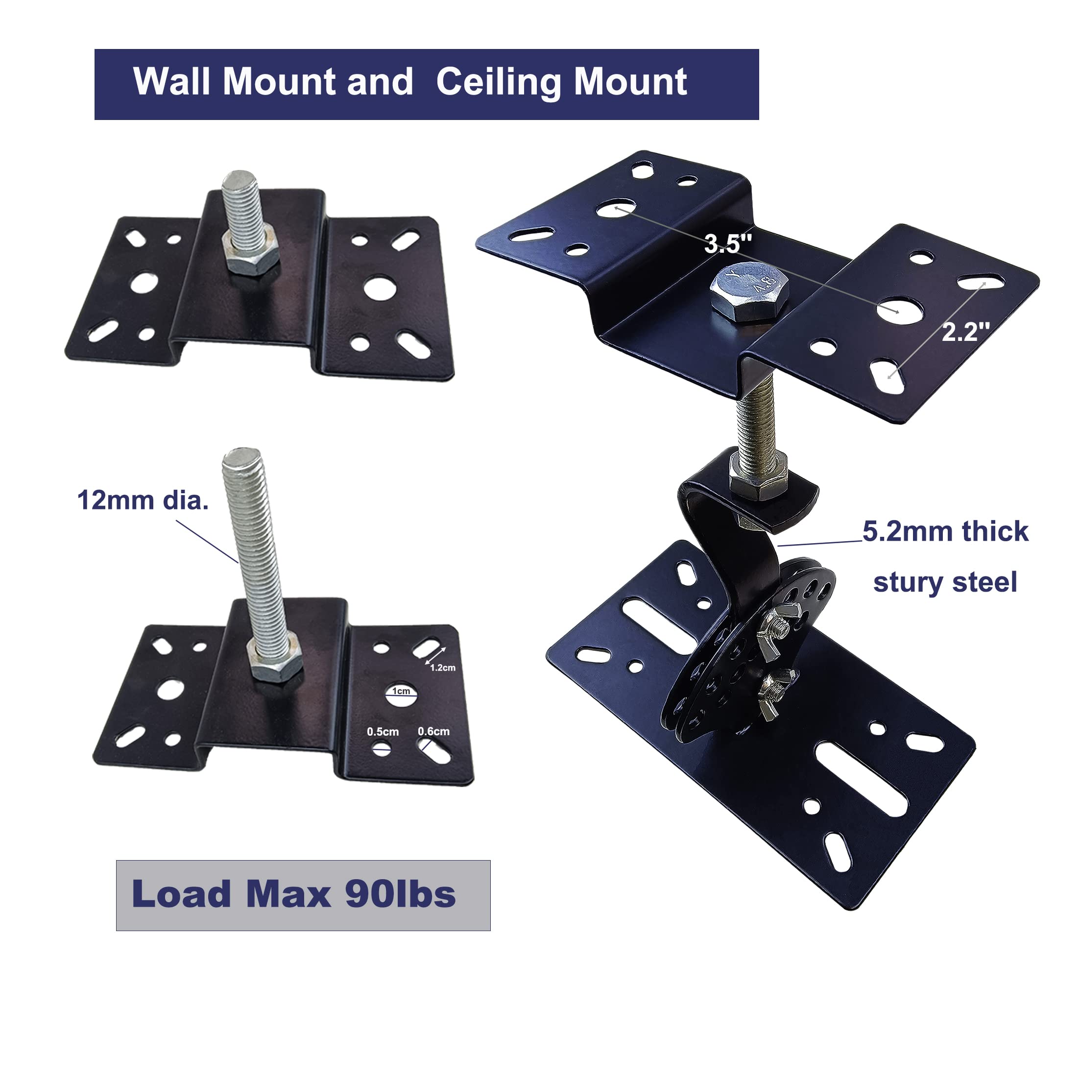 SPS 506B Ceiling Speaker Mounts Wall Mount, Horizontal 360 Degree Total Adjustment, Hold up to 90lbs, Stainless Steel, Ceiling Mounting Bracket for Large Surrounding Sound Speakers(2 Packs Black)
