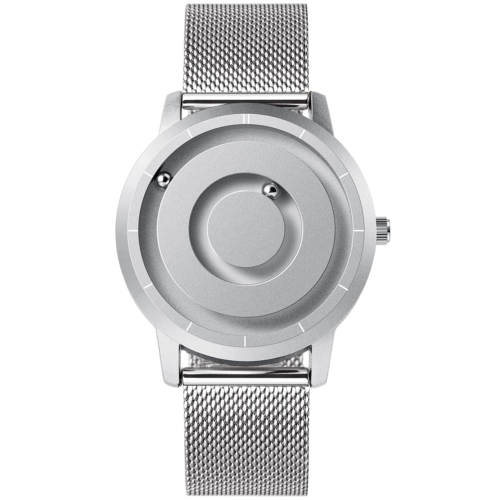 EUTOUR Magnetic Mens Watches No Glass Ball Bearing Minimalist Quartz Wrist Watch for Men with Mesh Stainless Steel Strap 40 mm Silver