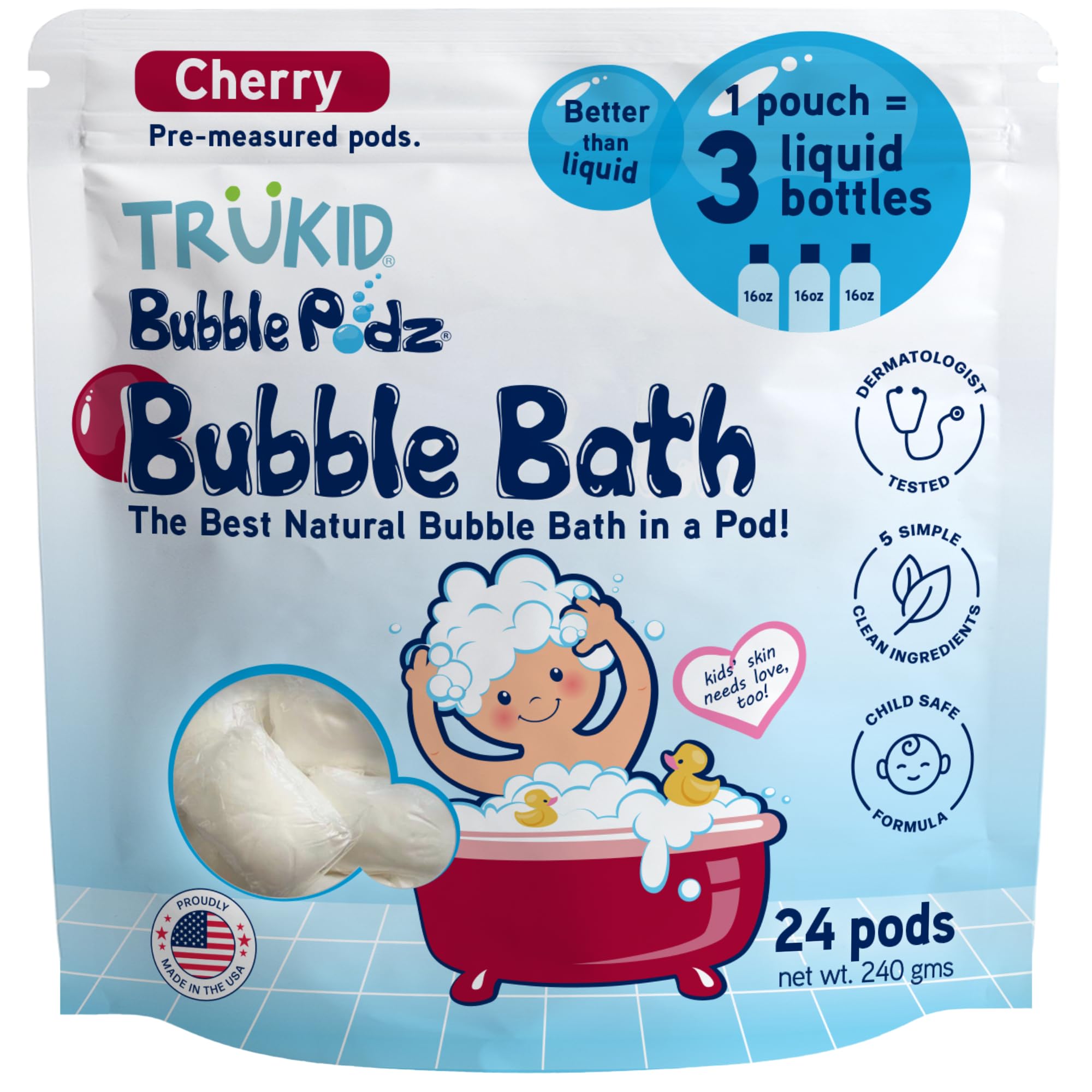 TruKid Bubble Podz Bubble Bath for Kids, Toddlers, & Babies, Tear Free Gentle & Refreshing Bath Bomb for Sensitive Skin with Natural Moisturizers, Non-Toxic, pH Balanced, Cherry Scent (60 Podz)