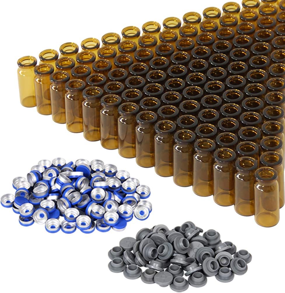 10ml Amber Glass Headspace Vials with Plastic-Aluminum Flip Off Caps and Rubber Stoppers, 100 Pack, 20mm Flat Bottom Lab Vial(Amber)