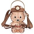UPZAI Cute Bear Water Bottle: 32oz Kawaii Kids Water Bottles with Strap and Straw - Leak-proof Plastic Drinking Cups for Girls Women School Sports Camping Picnic Hiking Travel (Brown)