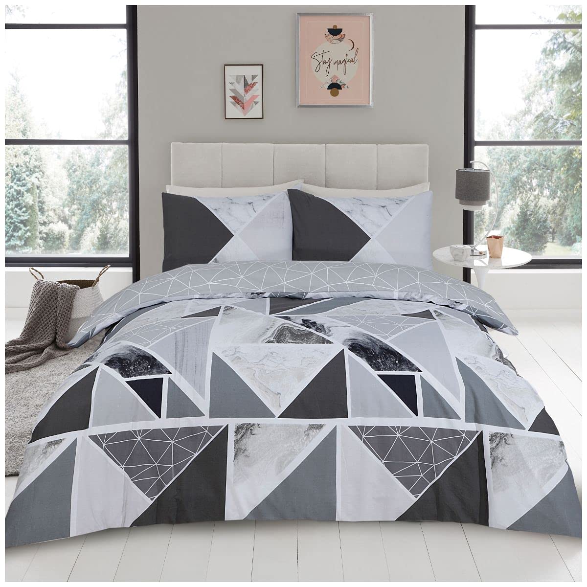 GC GAVENO CAVAILIA Luxury Geometric Shapes Duvet Cover Quilt, Easy Care Reversible Poly-Cotton Bedding Set, Mila, Kingsize, Charcoal/Grey, 50% Polyester & 50, King