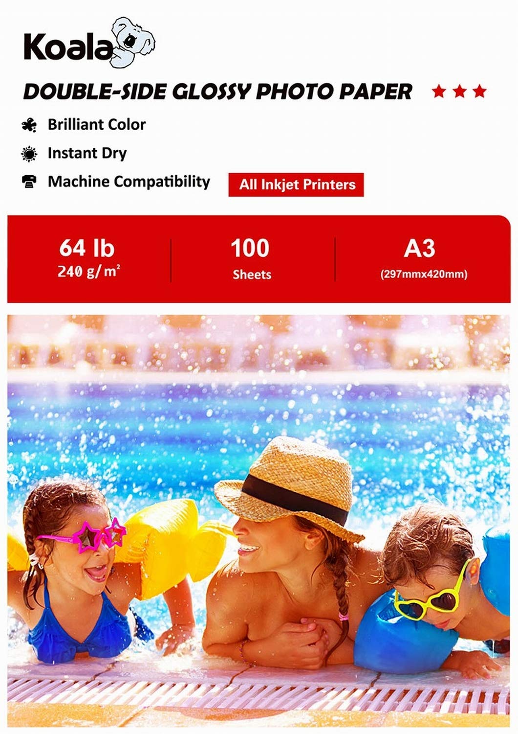 KOALA Double Sided Glossy Inkjet Photo Paper A3, 240gsm, 100 Sheets for Inkjet Printers. Suitable for Printing Photos, Brochures, Covers, Certificates, Booklets, Flyers, Leaflets, Cards, Calendars