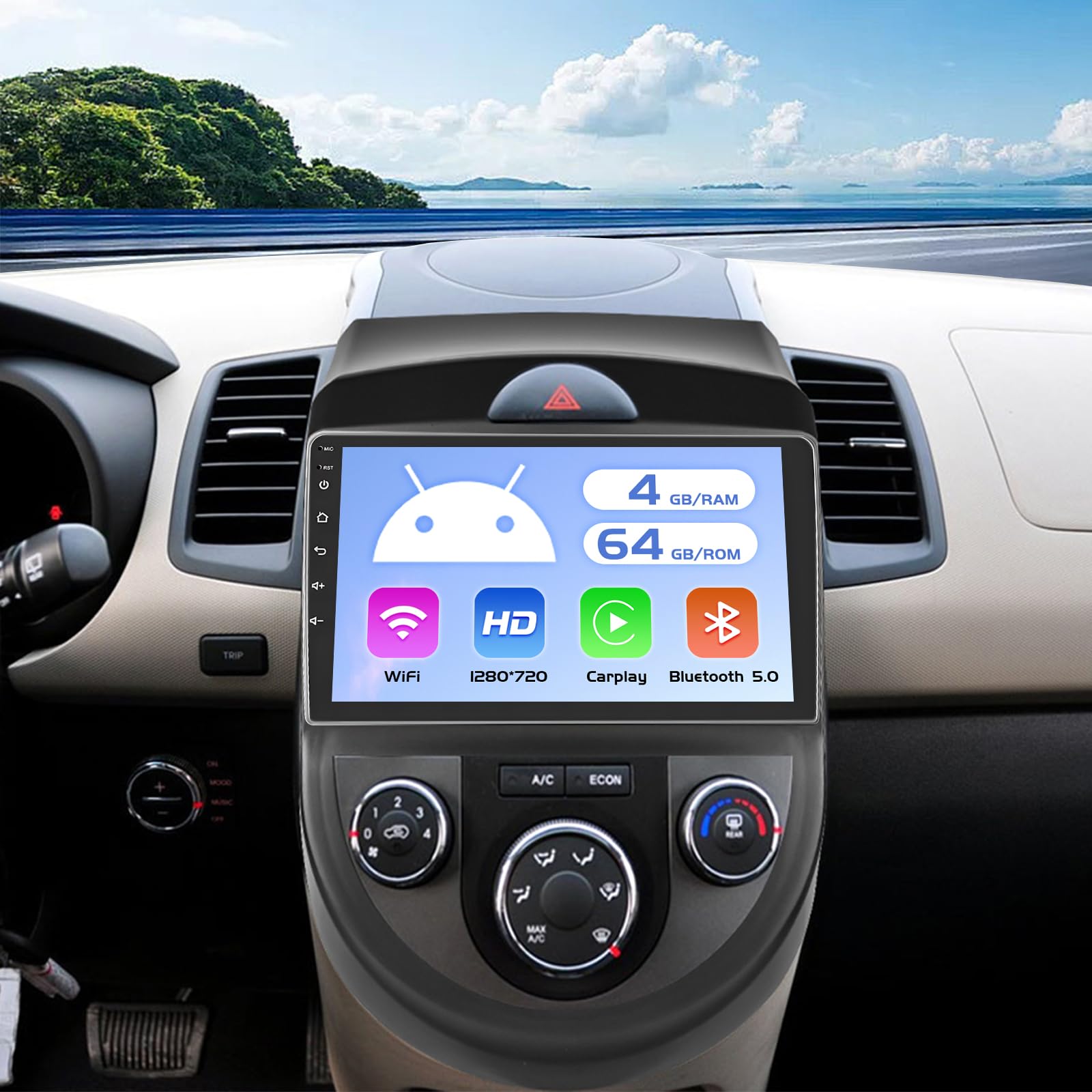 Photo 1 of Roinvou 4+64G Car Stereo for Kia Soul 2010 2011 2012 2013, 9" Touch Screen for Kia Soul Carplay Android Auto with 32EQ Bluetooth5.0 WiFi GPS Navigation Mirror Link 1280 * 720 Resolution SWC