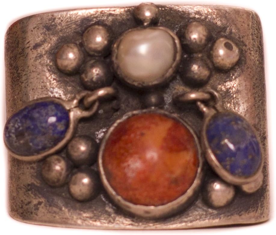 Falcon Jewelry Unisex 925 Sterling Silver Antique Ring, Coral and Lapislazuli, Pearl Natural Gemstone, Free Express Shipping