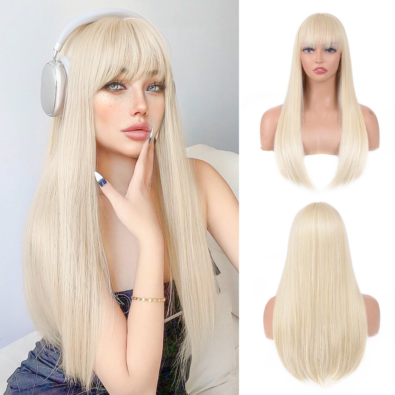Photo 1 of T-color Blonde Wig with Bangs for Women – Long Straight Heat Resistant Synthetic Wig for Daily Use, Party, Halloween, Cosplay – 24 Inch Blonde Wig for Girls