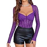 Avidlove Women Long Sleeve Bodysuit Rhinestone Body Suits Top Mesh Leotard Shirt Going Out Tops Fall Outfits