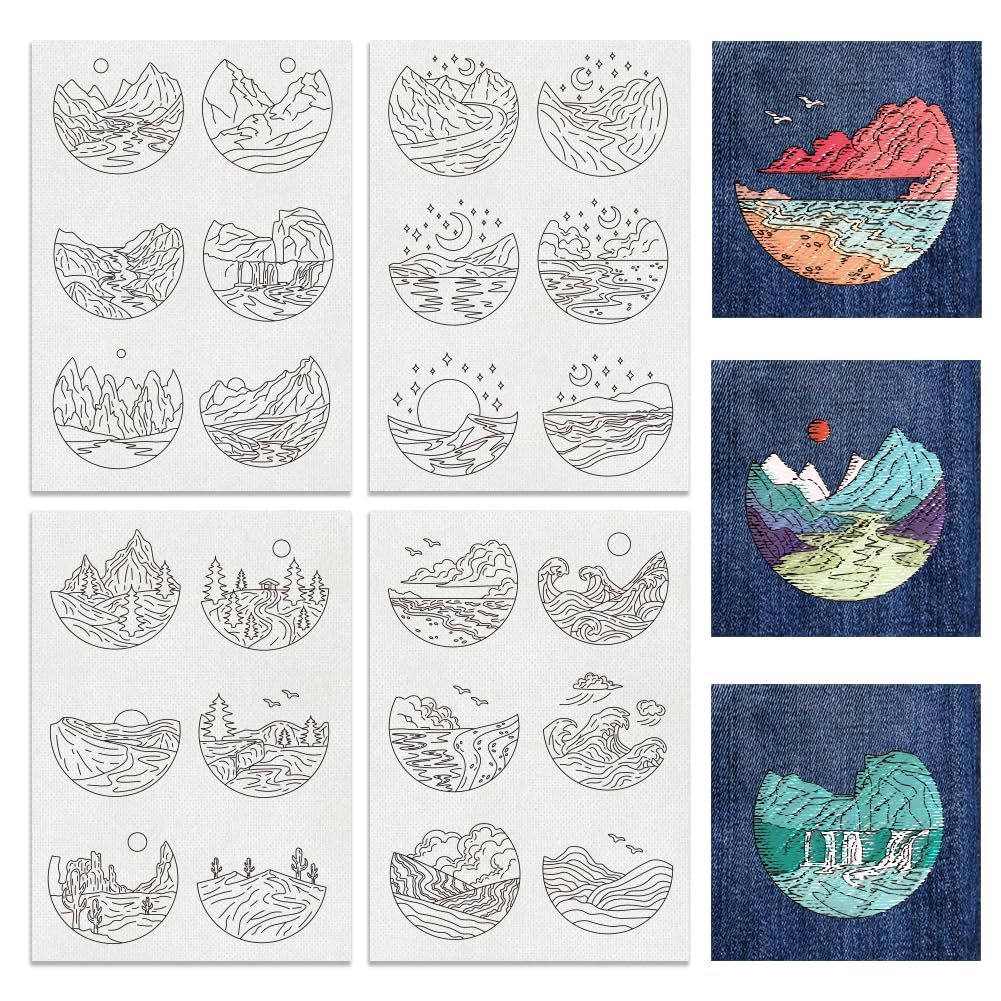 BENECREAT 4 Sheets 24pcs Water Soluble Embroidery Patterns, Natural Scenery Forests Stitch Embroidery Paper Water Soluble Stabilizers for Carves, Shirts, Coats, Bags, Towels
